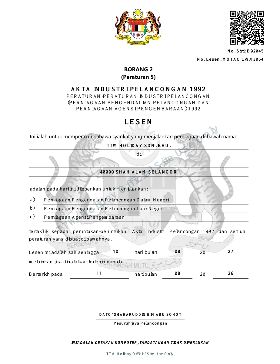 Lesen MOTAC TTW Holiday dengan watermark TTW Holiday Official Site Use Only
